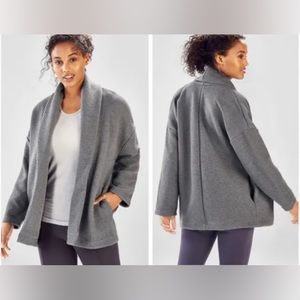 Fabletics Vanessa Quilted Open Front Jacket with pockets in grey. Size L